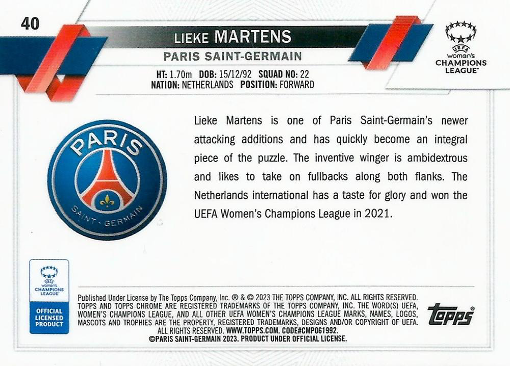 2022 Topps Chrome UCC Women's Lieke Martens #40 Paris Saint-Germain Feminine