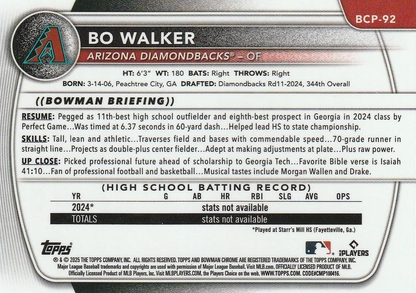 2025 Topps Bowman Chrome Prospect Bo Walker 1st #BCP-92 Arizona Diamondbacks