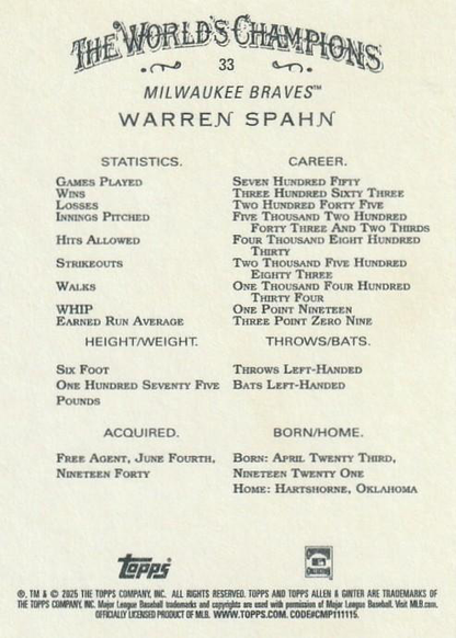 2025 Topps Allen & Ginter Warren Spahn #33 Milwaukee Braves