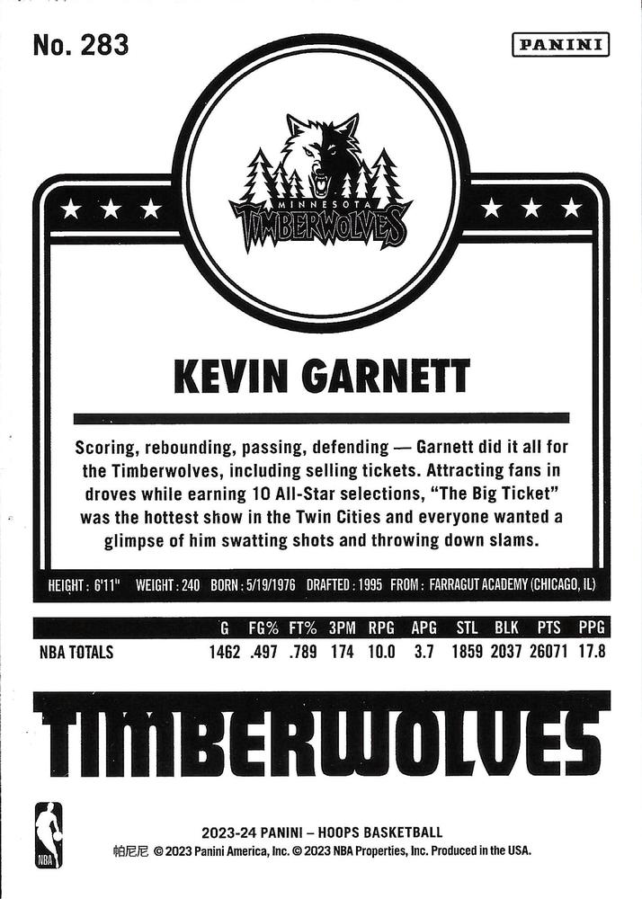 2023 Panini Hoops Hoops Tribute Kevin Garnett #283 Minnesota Timberwolves