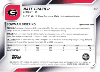 2025 Topps Bowman U Chrome Nate Frazier 1st #80 Georgia Bulldogs