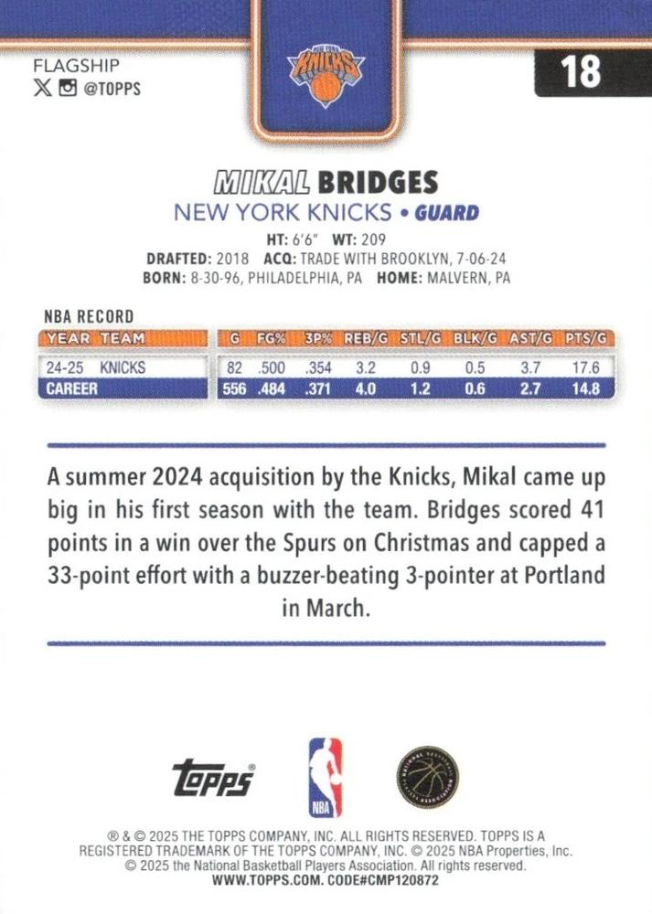 2025 Topps NBA Mikal Bridges #18 New York Knicks
