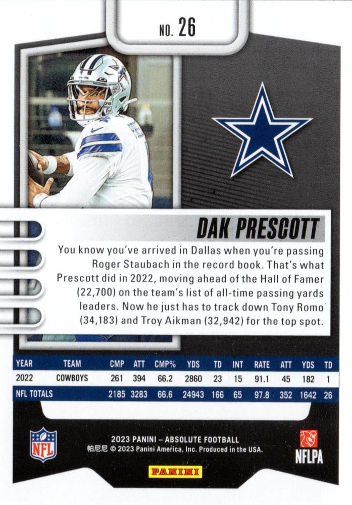 2023 Panini Absolute Dak Prescott #26 Dallas Cowboys
