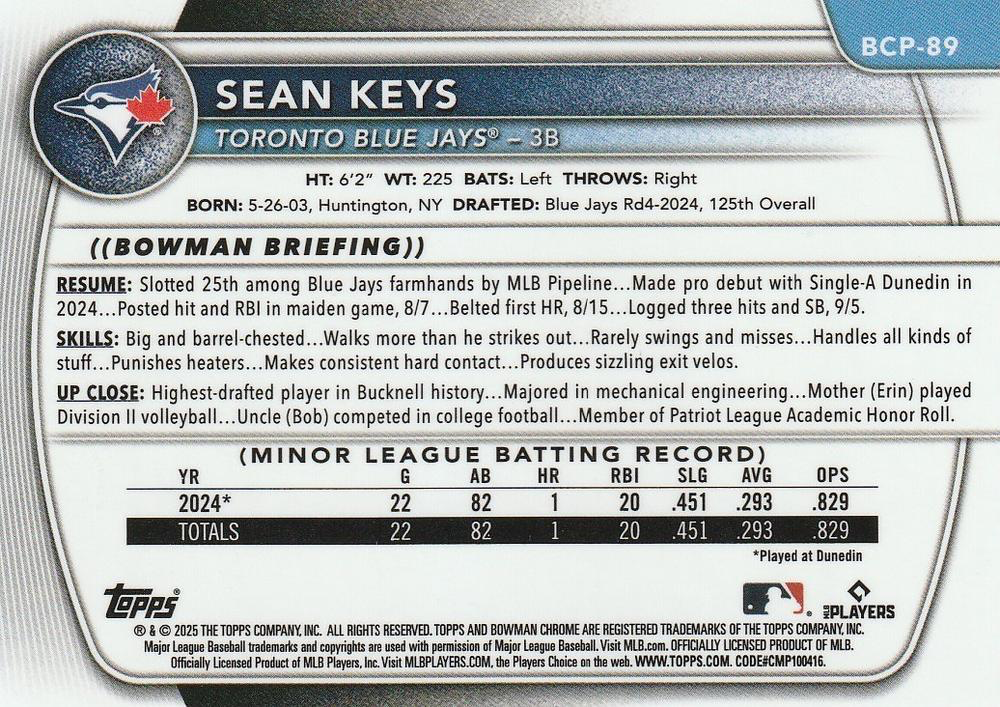 2025 Topps Bowman Chrome Prospect Sean Keys 1st #BCP-89 Toronto Blue Jays