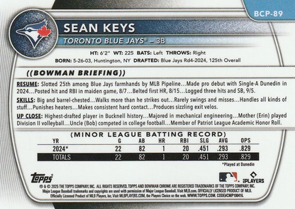 2025 Topps Bowman Chrome Prospect Sean Keys 1st #BCP-89 Toronto Blue Jays