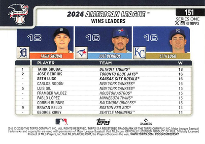 2025 Topps Series 1 League Leaders Tarik Skubal / José Berríos / Seth Lugo Tigers / Blue Jays / Royals #151