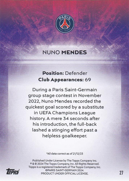 2023 Topps PSG Team Set Light Up Nuno Mendes #27 Paris Saint-Germain