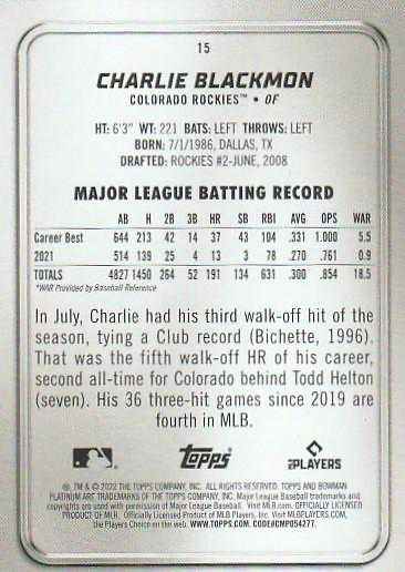 2022 Topps Bowman Platinum Charlie Blackmon Colorado Rockies #15