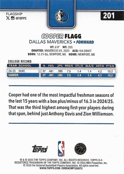 2025 Topps NBA Cooper Flagg RC #201 Dallas Mavericks