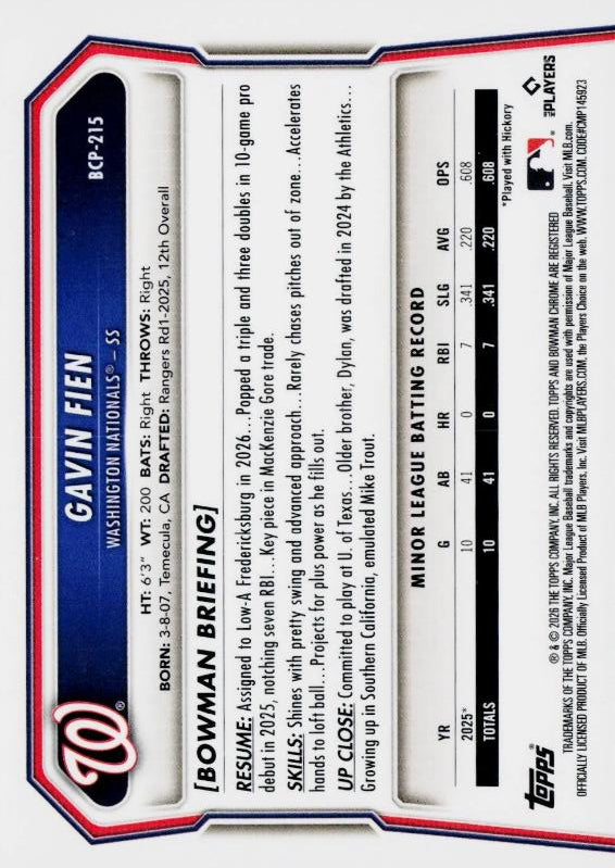 2026 Topps Bowman Chrome Gavin Fien #BCP-215 Washington Nationals