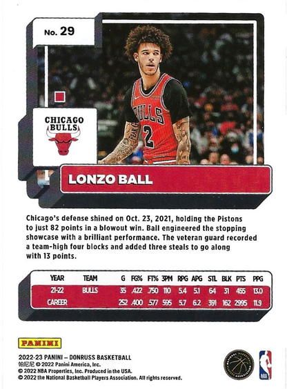 2022 Panini Donruss Lonzo Ball #29 Chicago Bulls