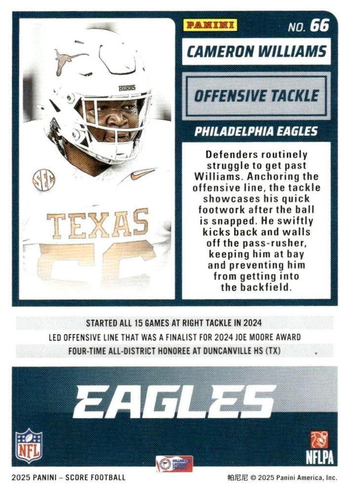 2025 Panini Score Cameron Williams RC #66 Philadelphia Eagles