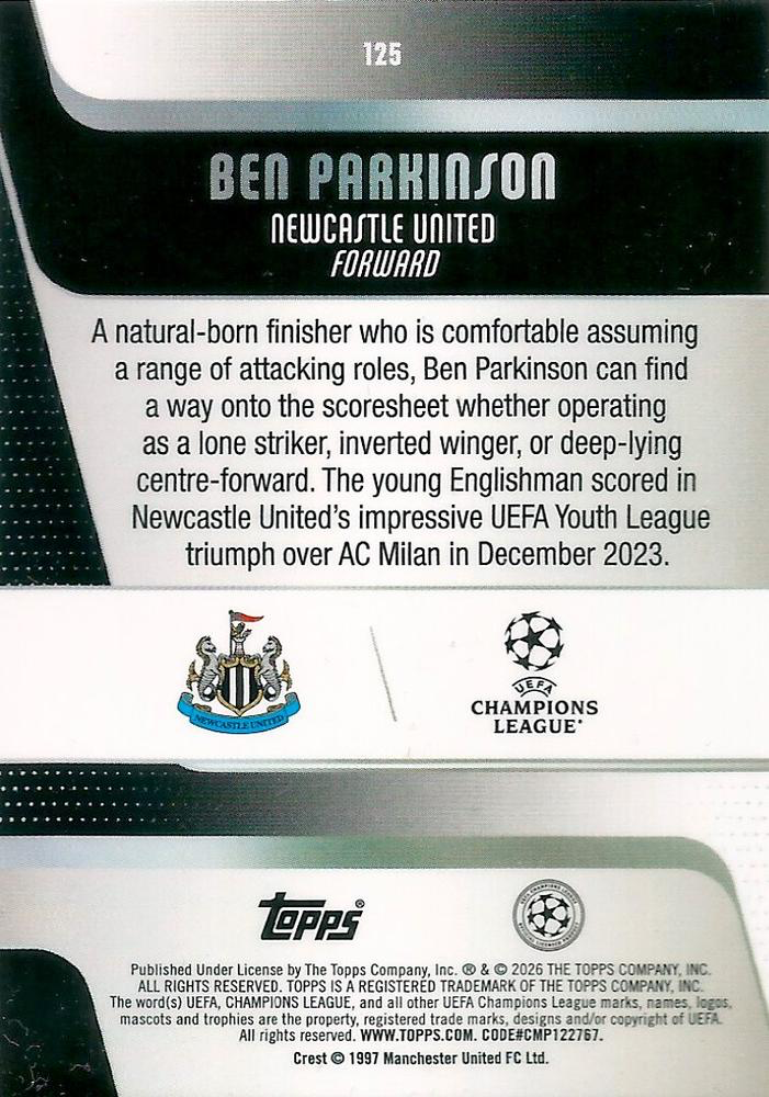 2025 Topps Flagship UCC Ben Parkinson RC #125 Newcastle United