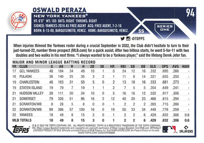 2023 Topps Series 1 Oswald Peraza RC New York Yankees #94
