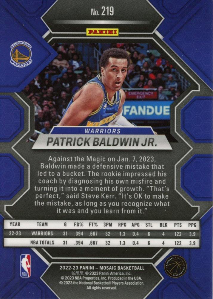 2022 Panini Mosaic Patrick Baldwin Jr. RC #219 Golden State Warriors