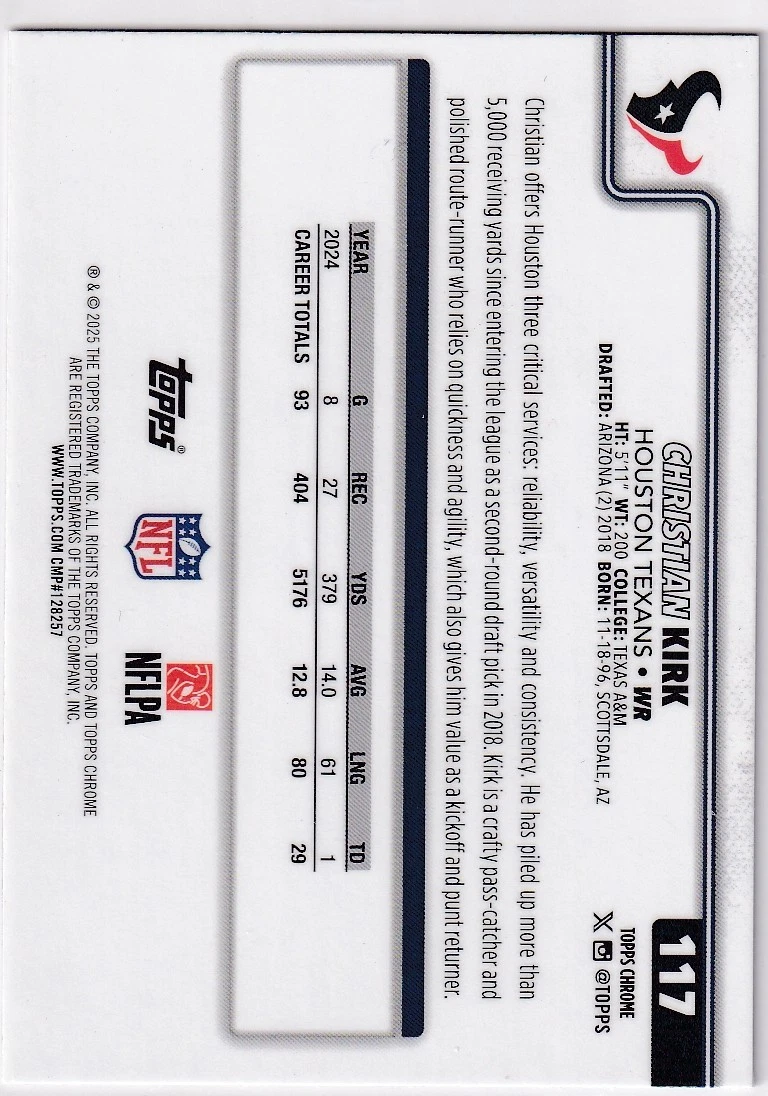 2025 Topps Chrome NFL Christian Kirk #117 Houston Texans