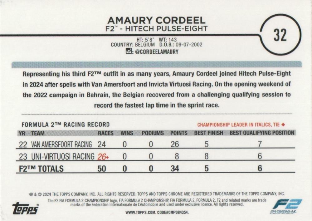 2024 Topps Chrome Formula 1 Amaury Cordeel F2D #32 HiTech Pulse-Eight