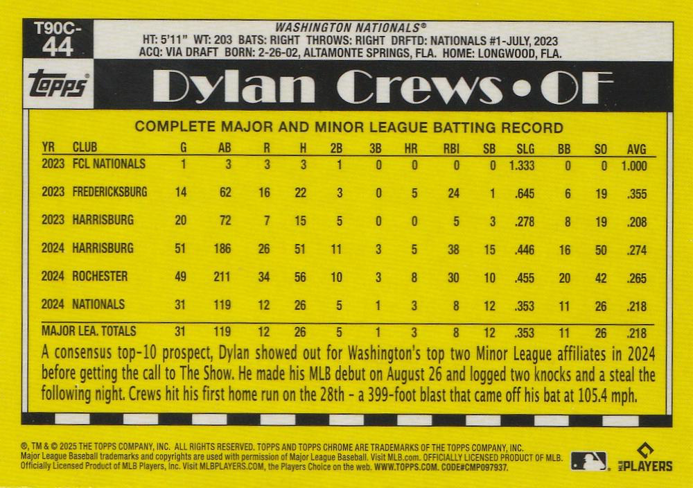 2025 Topps Series 1 Mojo 1990 Topps Baseball 35th Anniversary Chrome Dylan Crews Washington Nationals #T90C-44