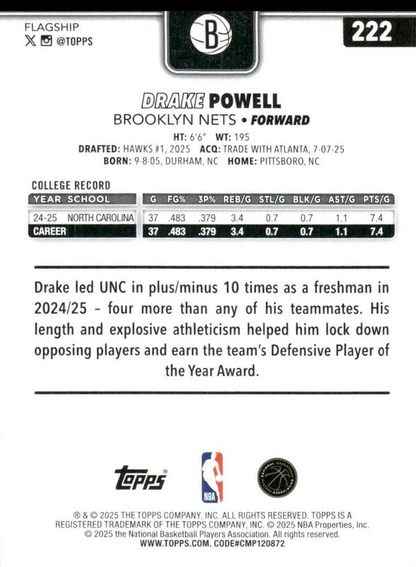 2025 Topps NBA Drake Powell RC #222 Brooklyn Nets