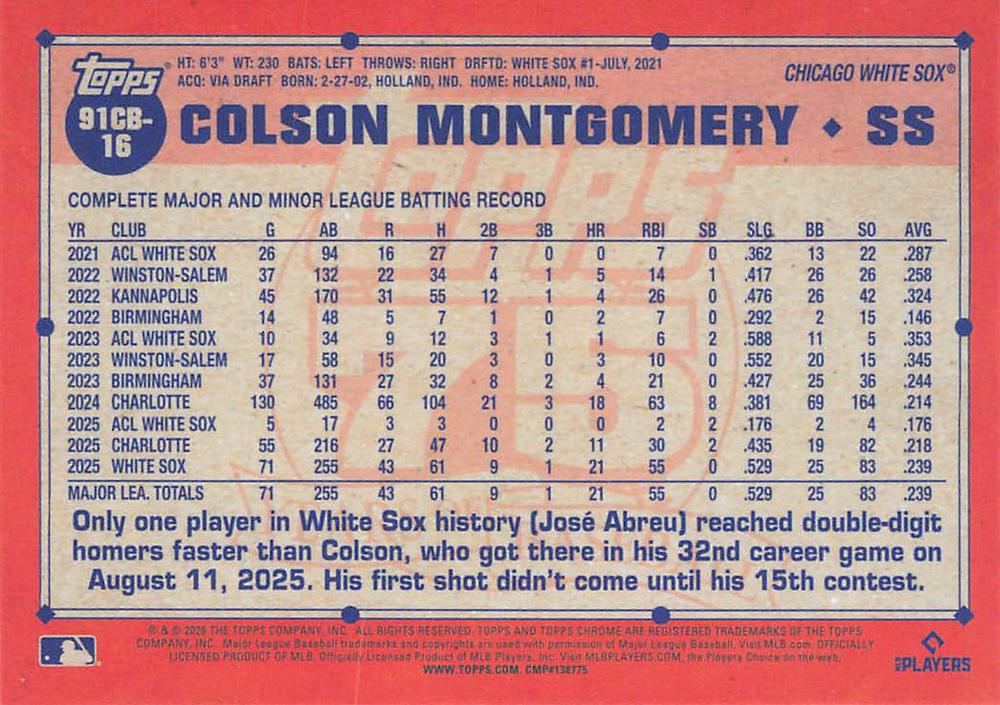 2026 Topps Chrome 1991 35th RC Colson Montgomery #91CB-16 Chicago White Sox