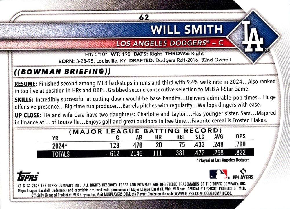 2025 Topps Bowman Will Smith Los Angeles Dodgers #62