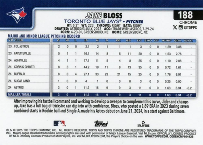 2025 Topps Chrome MLB Jake Bloss RC #188 Toronto Blue Jays