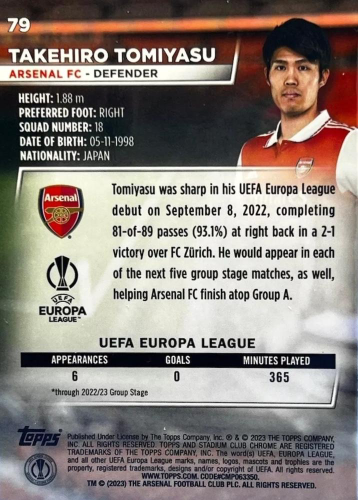 2022 Topps Stadium Club Chrome UCC Takehiro Tomiyasu Blue Prism Refractor #79 Arsenal FC