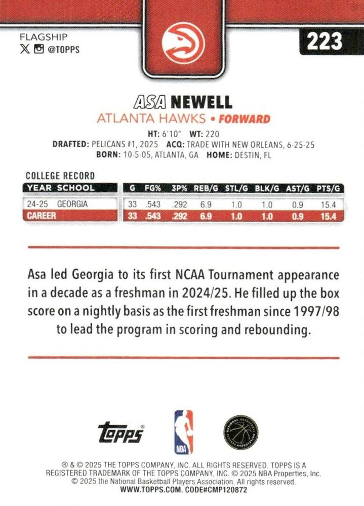 2025 Topps NBA Asa Newell RC #223 Atlanta Hawks