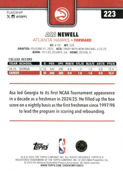 2025 Topps NBA Asa Newell RC #223 Atlanta Hawks