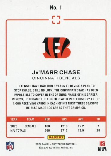 2024 Panini Photogenic Ja'Marr Chase #1 Cincinnati Bengals