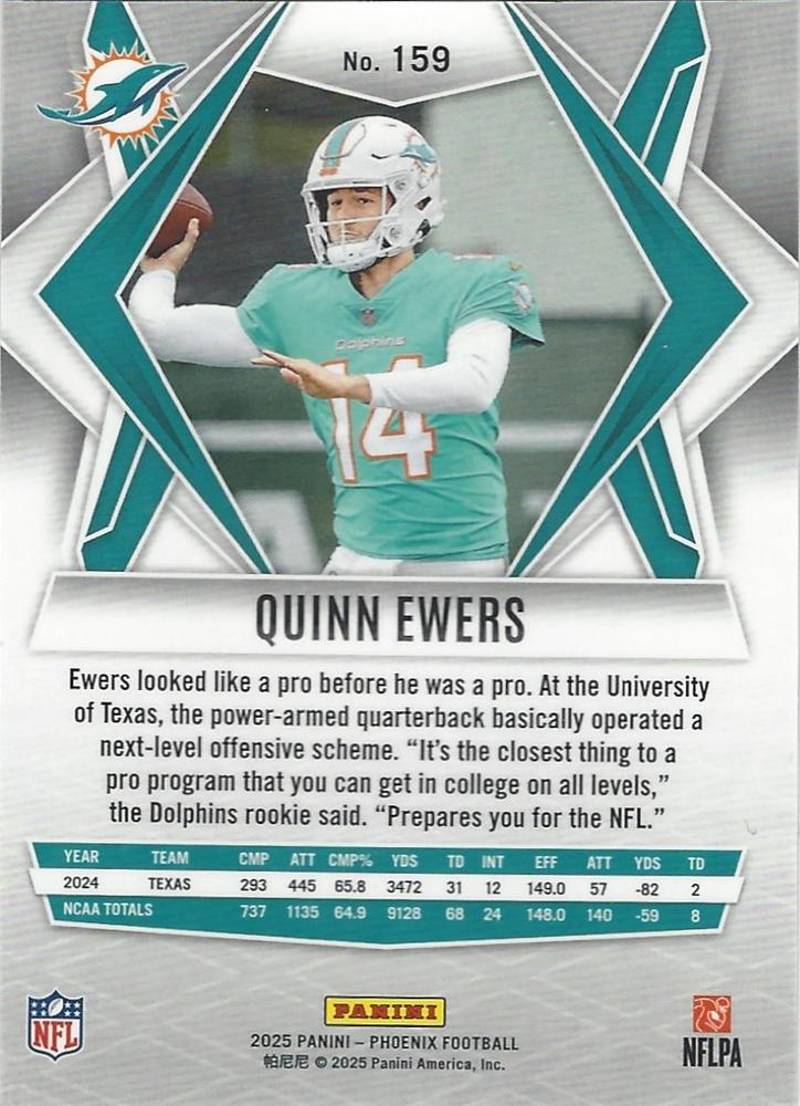 2025 Panini Phoenix RC Quinn Ewers #159 Miami Dolphins