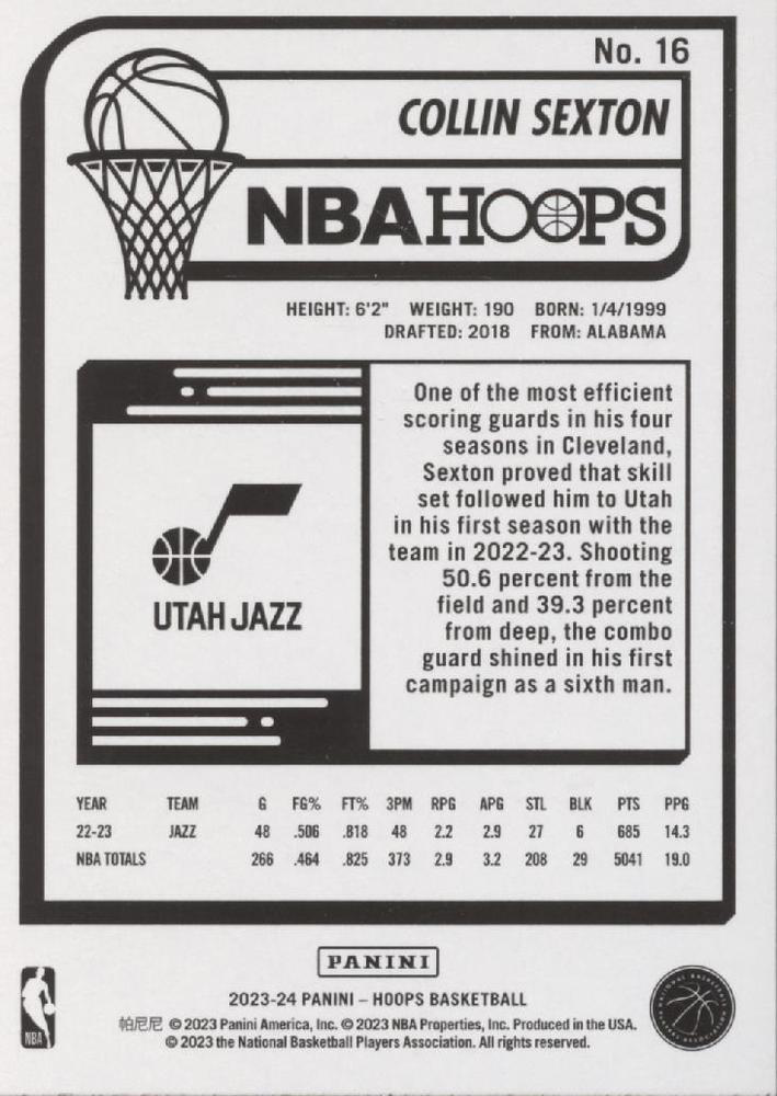 2023 Panini Hoops Collin Sexton #16 Utah Jazz