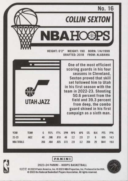 2023 Panini Hoops Collin Sexton #16 Utah Jazz