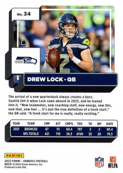 2022 Panini Donruss Drew Lock #34 Seattle Seahawks