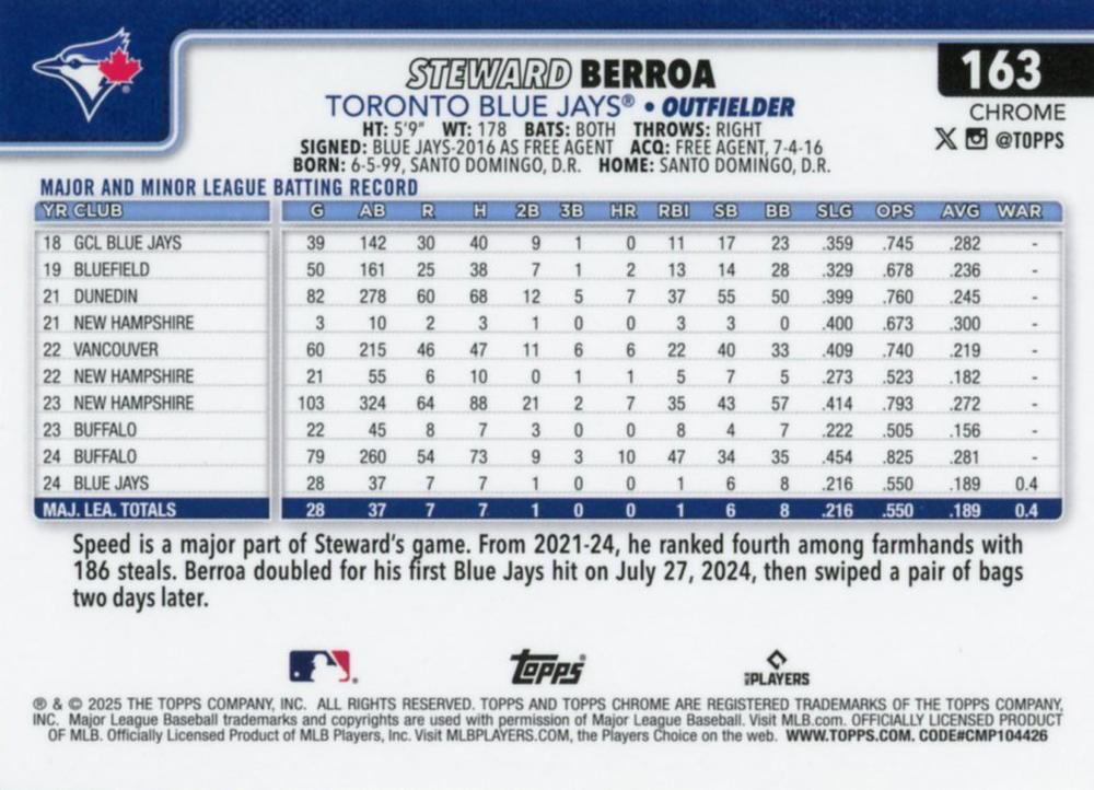 2025 Topps Chrome MLB Steward Berroa RC #163 Toronto Blue Jays