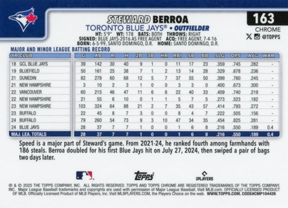2025 Topps Chrome MLB Steward Berroa RC #163 Toronto Blue Jays
