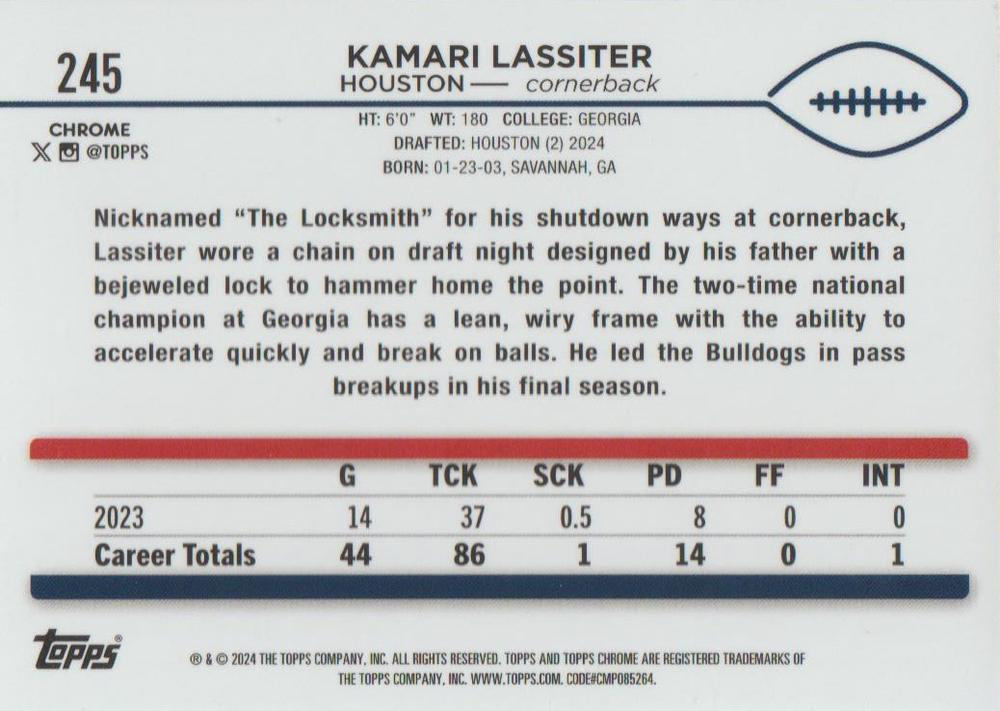 2024 Topps Chrome Football Kamari Lassiter RC #245 Houston Texans