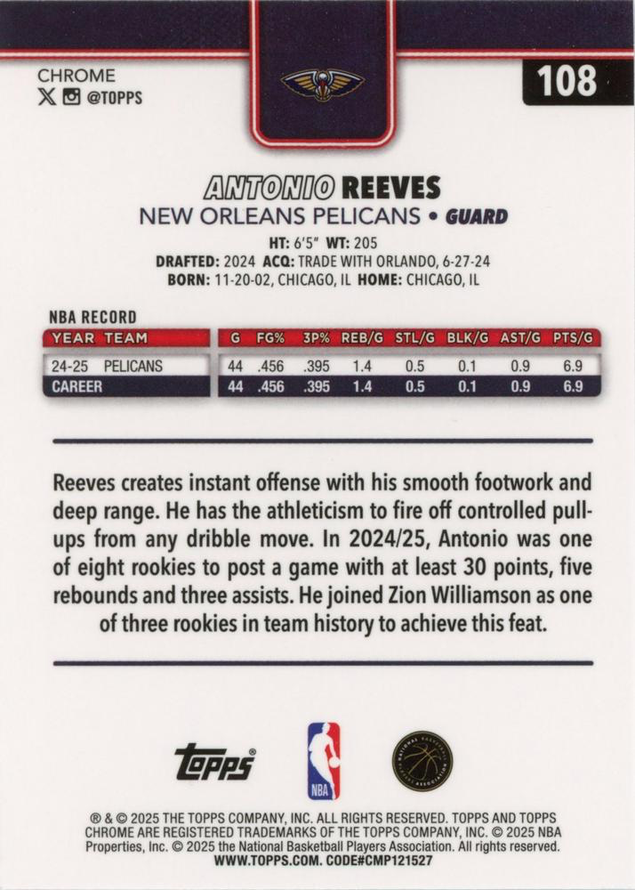 2025 Topps Chrome NBA Antonio Reeves #108 New Orleans Pelicans