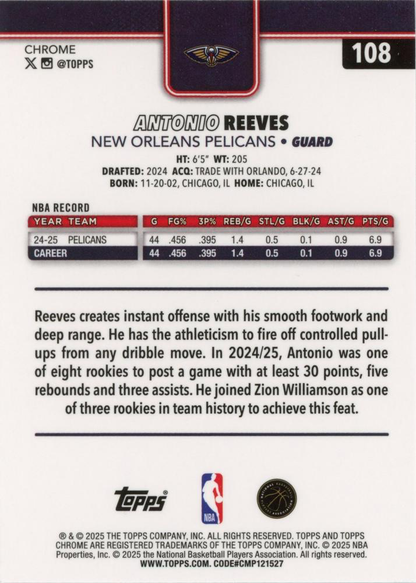 2025 Topps Chrome NBA Antonio Reeves #108 New Orleans Pelicans
