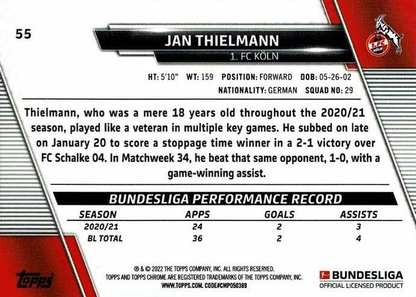 2021 Topps Chrome Bundesliga Jan Thielmann #55 1. FC Koln