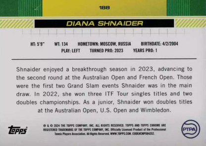 2024 Topps Chrome Tennis Diana Shnaider RC #188