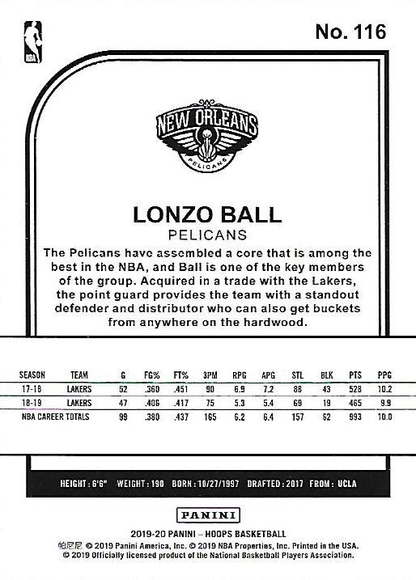 2019 Panini Hoops Lonzo Ball #116 New Orleans Pelicans