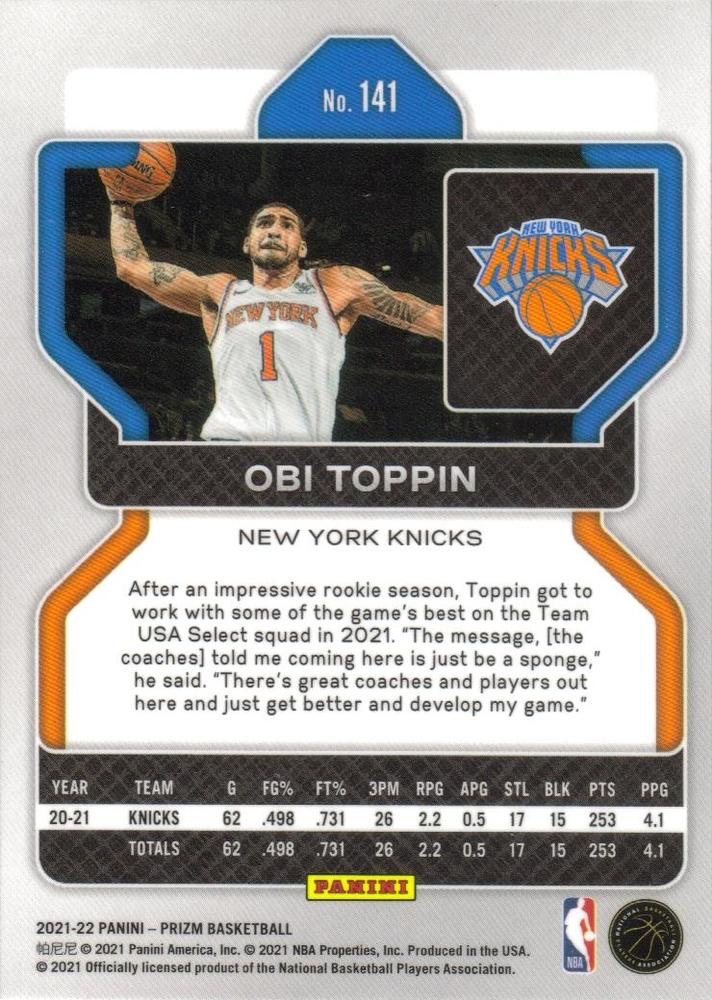 2021 Panini Prizm Obi Toppin #141 New York Knicks