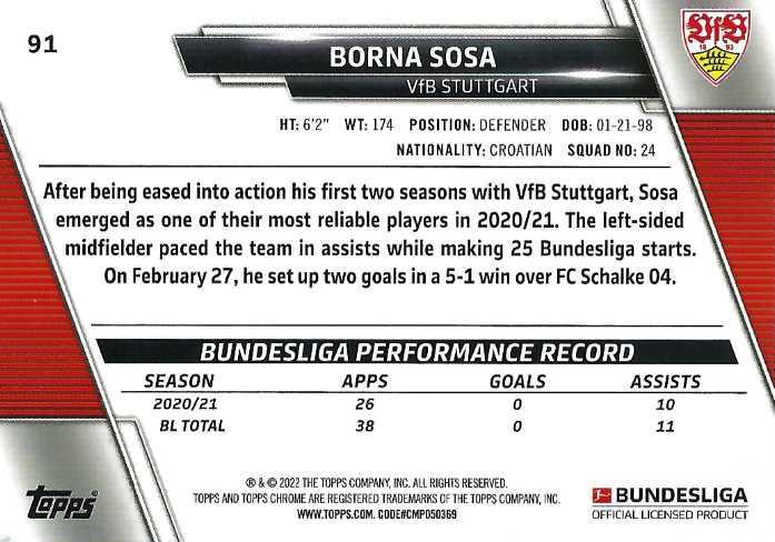 2021 Topps Chrome Bundesliga Borna Sosa RC #91 VfB Stuttgart