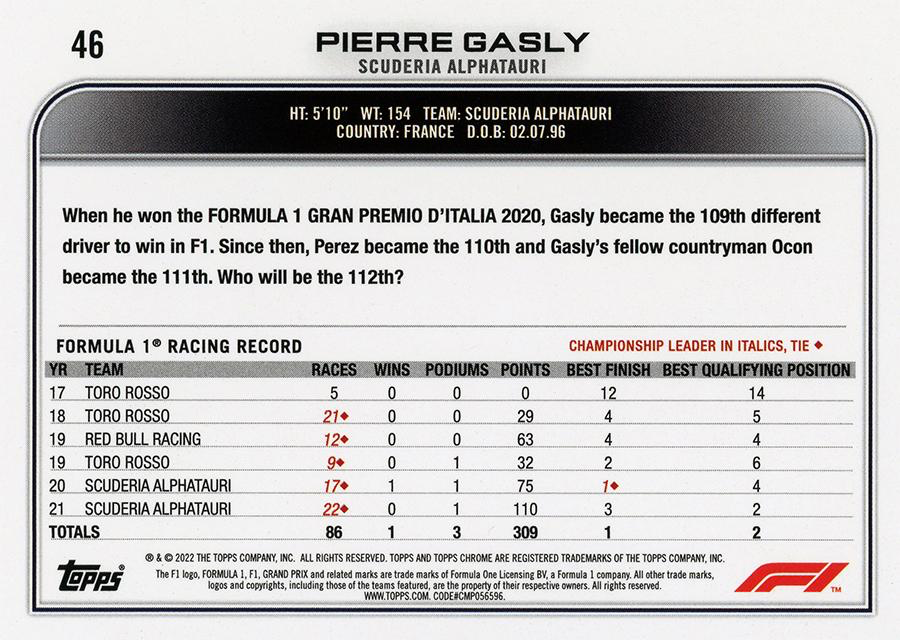 2022 Topps Chrome Formula 1 Pierre Gasly #46 Scuderia AlphaTauri