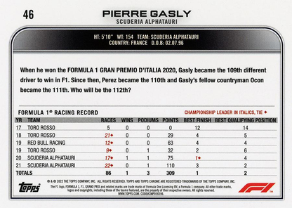 2022 Topps Chrome Formula 1 Pierre Gasly #46 Scuderia AlphaTauri