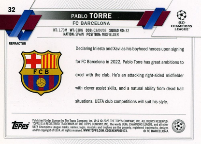 2022 Topps Chrome UCC Pablo Torre Refractor #32 FC Barcelona