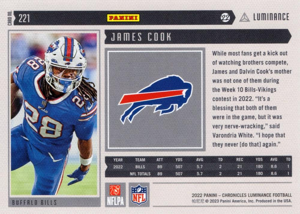 2022 Panini Chronicles Luminance Update Rookies RC James Cook #221 Buffalo Bills