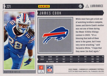 2022 Panini Chronicles Luminance Update Rookies RC James Cook #221 Buffalo Bills