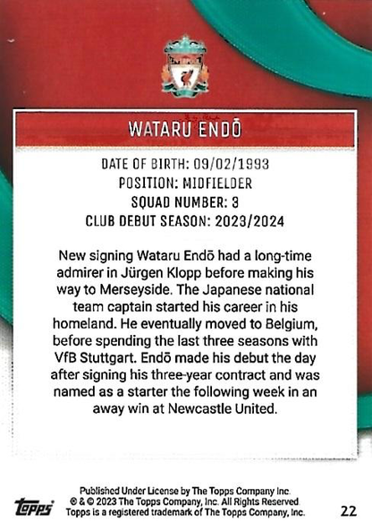 2023 Topps Liverpool Team Set Wataru Endo #22 Liverpool